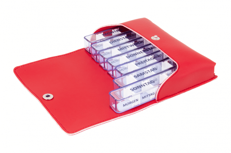 Medidos-DE-No1-Leatherette-Red-Open-pill-dispenser-Kibodan-danish-design