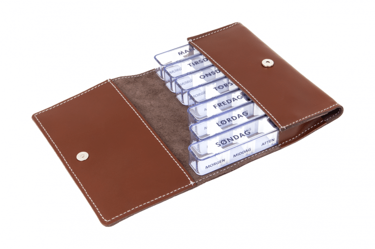 Medidos-DK-No1-Leather-Dark-Congnac-Finished-Open-pill-dispenser-Kibodan-danish-design