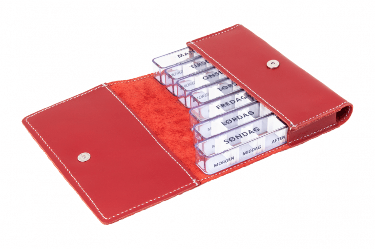 Medidos-DK-No1-Leather-Red-Finished-Open-pill-dispenser-Kibodan-danish-design