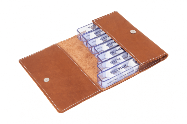 Medidose-GB-No1-Leather-Dark-Congnac-Crushed-Open-pill-dispenser-Kibodan-danish-design