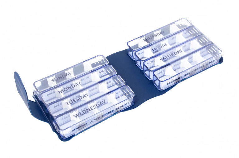 Medidose-GB-No8-Classic-Saphire-Open-pill-dispenser-Kibodan-danish-design