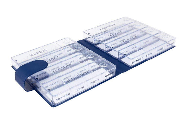 Megamax-GB-No1-Classic-Saphire-Open-pill-dispenser-Kibodan-danish-design